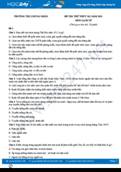 Bộ 5 đề thi thử THPT QG năm 2021 môn Lịch Sử có đáp án Trường THPT Hưng Nhân