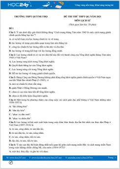 Bộ 5 đề thi thử THPT QG năm 2021 môn Lịch Sử có đáp án Trường THPT Quỳnh Thọ