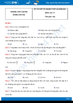 Bộ 5 đề thi thử THPT QG năm 2021 môn Vật Lý có đáp án Trường THPT Chuyên Hoàng Văn Thụ - Lần 1