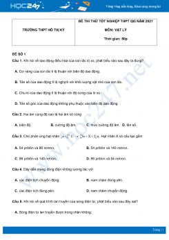 Bộ 5 đề thi thử THPT QG năm 2021 môn Vật Lý có đáp án Trường THPT Hồ Thị Kỷ