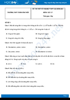 Bộ 5 đề thi thử THPT QG năm 2021 môn Vật Lý có đáp án Trường THPT Trần Văn Thời