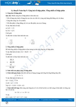 Lý thuyết Toán 5 Cộng hai số thập phân. Tổng nhiều số thập phân
