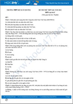 Bộ 5 đề thi thử THPT QG năm 2021 môn Lịch Sử có đáp án Trường THPT Hồ Xuân Hương