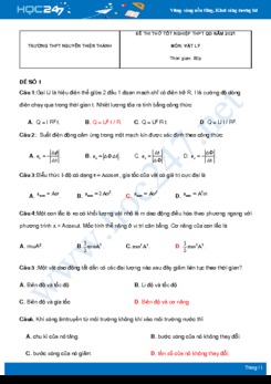 Bộ 5 đề thi thử THPT QG năm 2021 môn Vật Lý có đáp án Trường THPT Nguyễn Thiện Thành