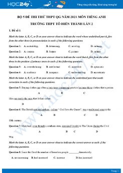 Bộ 5 đề thi thử THPT QG năm 2021 môn Tiếng Anh Trường THPT Tô Hiến Thành Lần 2
