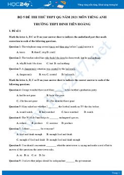 Bộ 5 đề thi thử THPT QG năm 2021 môn Tiếng Anh Trường THPT Đinh Tiên Hoàng Lần 2