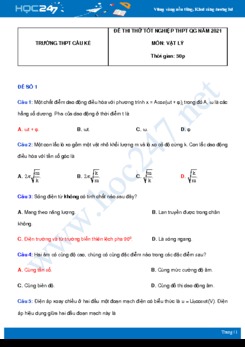 Bộ 5 đề thi thử THPT QG năm 2021 môn Vật Lý có đáp án Trường THPT Cầu Kè