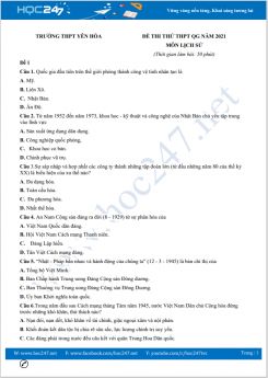 Bộ 5 đề thi thử THPT QG năm 2021 môn Lịch Sử có đáp án Trường THPT Yên Hoà