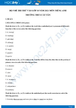 Bộ 5 đề thi thử vào lớp 10 năm 2021 môn Tiếng Anh Trường THCS Cát Tân
