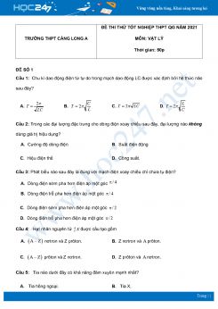 Bộ 5 đề thi thử THPT QG năm 2021 môn Vật Lý có đáp án Trường THPT Càng Long A