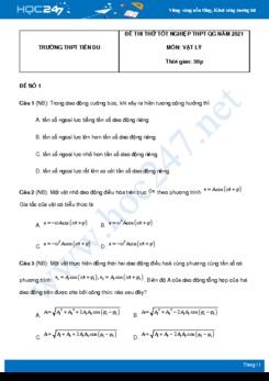 Bộ 5 đề thi thử THPT QG năm 2021 môn Vật Lý có đáp án Trường THPT Tiên Du - Lần 1