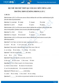 Bộ 5 đề thi thử THPT QG năm 2021 môn Tiếng Anh Trường THPT Lê Hồng Phong Lần 2