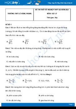 Bộ 5 đề thi thử THPT QG năm 2021 môn Vật Lý có đáp án Trường THPT Lê Hồng Phong