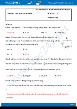 Bộ 5 đề thi thử THPT QG năm 2021 môn Vật Lý có đáp án Trường THPT Nguyễn Khuyến