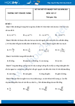 Bộ 5 đề thi thử THPT QG năm 2021 môn Vật Lý có đáp án Trường THPT Tôn Đức Thắng