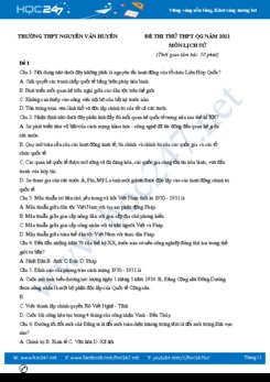 Bộ 5 đề thi thử THPT QG năm 2021 môn Lịch Sử có đáp án Trường THPT Nguyễn Văn Huyên