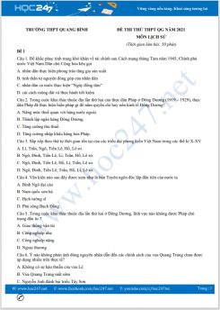 Bộ 5 đề thi thử THPT QG năm 2021 môn Lịch Sử có đáp án Trường THPT Quang Bình