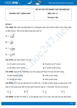 Bộ 5 đề thi thử THPT QG năm 2021 môn Vật Lý có đáp án Trường THPT Thống Nhất