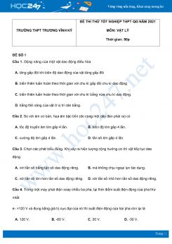 Bộ 5 đề thi thử THPT QG năm 2021 môn Vật Lý có đáp án Trường THPT Trương Vĩnh Ký