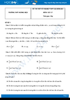 Bộ 5 đề thi thử THPT QG năm 2021 môn Vật Lý có đáp án Trường THPT Hoàng Diệu