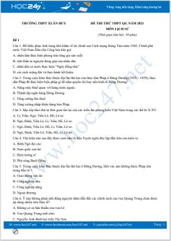 Bộ 5 đề thi thử THPT QG năm 2021 môn Lịch Sử có đáp án Trường THPT Xuân Huy