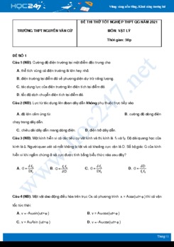 Bộ 5 đề thi thử THPT QG năm 2021 môn Vật Lý có đáp án Trường THPT Nguyễn Văn Cừ