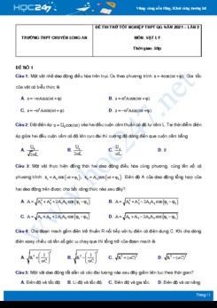 Bộ 5 đề thi thử THPT QG năm 2021 môn Vật Lý có đáp án Trường THPT Chuyên Long An - Lần 2