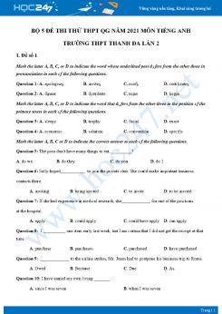 Bộ 5 đề thi thử THPT QG năm 2021 môn Tiếng Anh Trường THPT Thanh Đa Lần 2