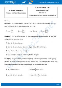Bộ 5 đề thi thử THPT QG năm 2021 môn Vật Lý Trường THPT Chuyên Lam Sơn - Thanh Hóa - Lần 1