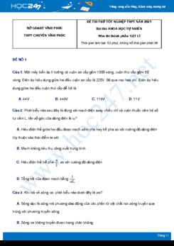 Bộ 5 đề thi thử THPT QG năm 2021 môn Vật Lý có đáp án Trường THPT Chuyên Vĩnh Phúc