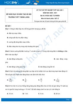 Bộ 5 đề thi thử THPT QG năm 2021 môn Vật Lý có đáp án Trường THPT Thăng Long