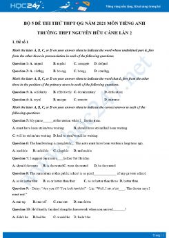Bộ 5 đề thi thử THPT QG năm 2021 môn Tiếng Anh Trường THPT Nguyễn Hữu Cảnh Lần 2