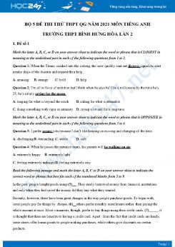 Bộ 5 đề thi thử THPT QG năm 2021 môn Tiếng Anh Trường THPT Bình Hưng Hòa Lần 2