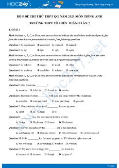 Bộ 5 đề thi thử THPT QG năm 2021 môn Tiếng Anh Trường THPT Tô Hiến Thành Lần 2