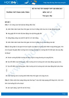 Bộ 5 đề thi thử THPT QG năm 2021 môn Vật Lý có đáp án Trường THPT Phan Châu Trinh