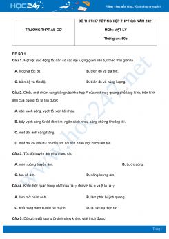 Bộ 5 đề thi thử THPT QG năm 2021 môn Vật Lý có đáp án Trường THPT Âu Cơ