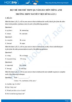 Bộ 5 đề thi thử THPT QG năm 2021 môn Tiếng Anh Trường THPT Nguyễn Việt Dũng Lần 2