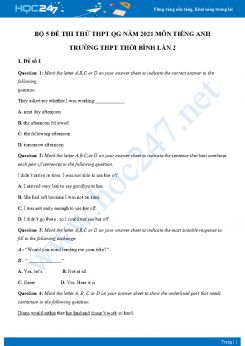 Bộ 5 đề thi thử THPT QG năm 2021 môn Tiếng Anh Trường THPT Thới Bình Lần 2