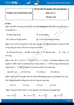 Bộ 5 đề thi thử THPT QG năm 2021 môn Vật Lý có đáp án Trường THPT Nguyễn Hữu Thận