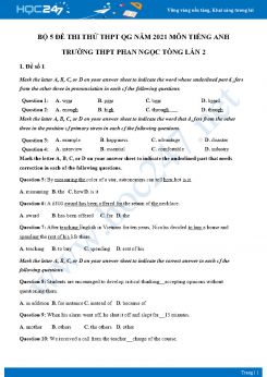 Bộ 5 đề thi thử THPT QG năm 2021 môn Tiếng Anh Trường THPT Phan Ngọc Tòng Lần 2