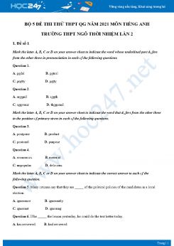 Bộ 5 đề thi thử THPT QG năm 2021 môn Tiếng Anh Trường THPT Ngô Thời Nhiệm Lần 2