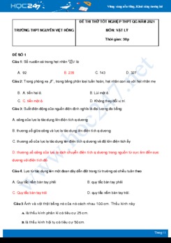 Bộ 5 đề thi thử THPT QG năm 2021 môn Vật Lý có đáp án Trường THPT Nguyễn Việt Hồng
