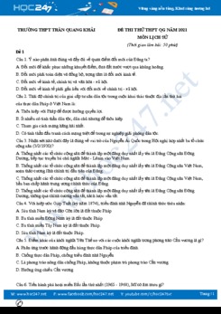 Bộ 5 đề thi thử THPT QG năm 2021 môn Lịch Sử lần 2 có đáp án Trường THPT Trần Quang Khải