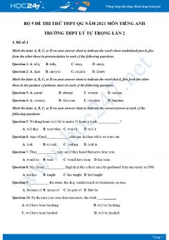 Bộ 5 đề thi thử THPT QG năm 2021 môn Tiếng Anh Trường THPT Lý Tự Trọng Lần 2