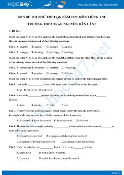 Bộ 5 đề thi thử THPT QG năm 2021 môn Tiếng Anh Trường THPT Trần Nguyên Hãn Lần 2