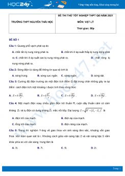 Bộ 5 đề thi thử THPT QG năm 2021 môn Vật Lý có đáp án Trường THPT Nguyễn Thái Học
