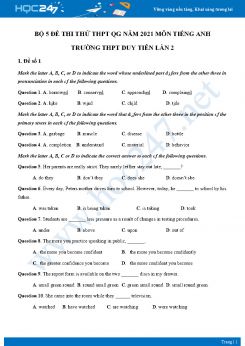 Bộ 5 đề thi thử THPT QG năm 2021 môn Tiếng Anh Trường THPT Duy Tiên Lần 2