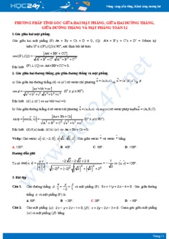 Phương pháp tính góc giữa hai mặt phẳng, giữa hai đường thẳng, giữa đường thẳng và mặt phẳng toán 12