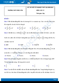 Bộ 5 đề thi thử THPT QG năm 2021 môn Vật Lý có đáp án Trường THPT Phúc Yên