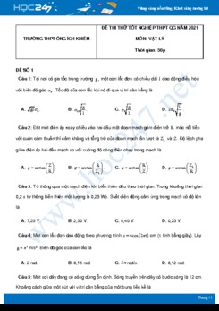 Bộ 5 đề thi thử THPT QG năm 2021 môn Vật Lý có đáp án Trường THPT Ông Ích Khiêm